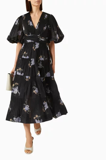 Black Iris Floral Pleated Mini | Midi Dress