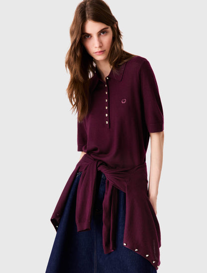 Malila Polo Collar Jumper Top | Cardigan with Embroidered Logo | Wool Burgundy Purple-red Set