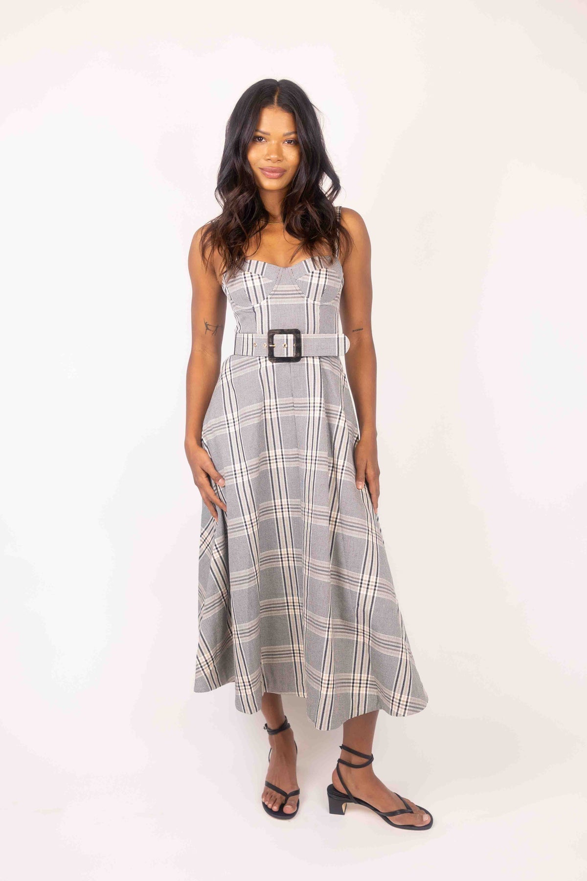 3 Colors! CC Calypso Bustier Belted Midi Dress in Floral Linen | Wool-blend Pinstripe | Plaid Check
