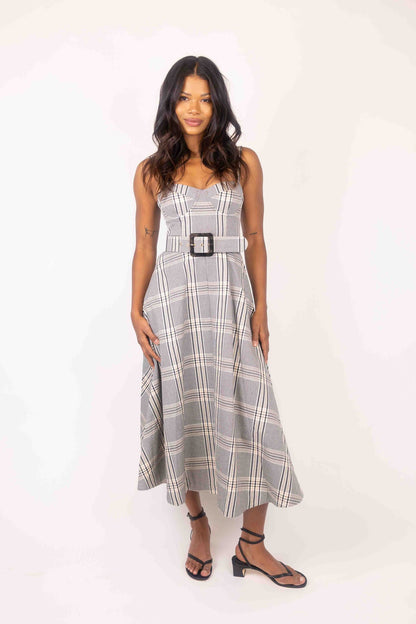 3 Colors! CC Calypso Bustier Belted Midi Dress in Floral Linen | Wool-blend Pinstripe | Plaid Check