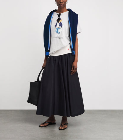 RL Panelled Woven Drop-waist Contrast Cotton A-line Midi Maxi Skirt