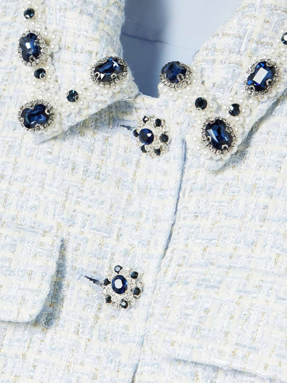 SP Diamante-trim Blue Boucle Pleated Skirt Mini Dress