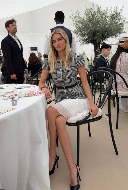 SP Grey Houndstooth Pleated Belted Short Sleeve Mini Dress | Tailored Midi Dress