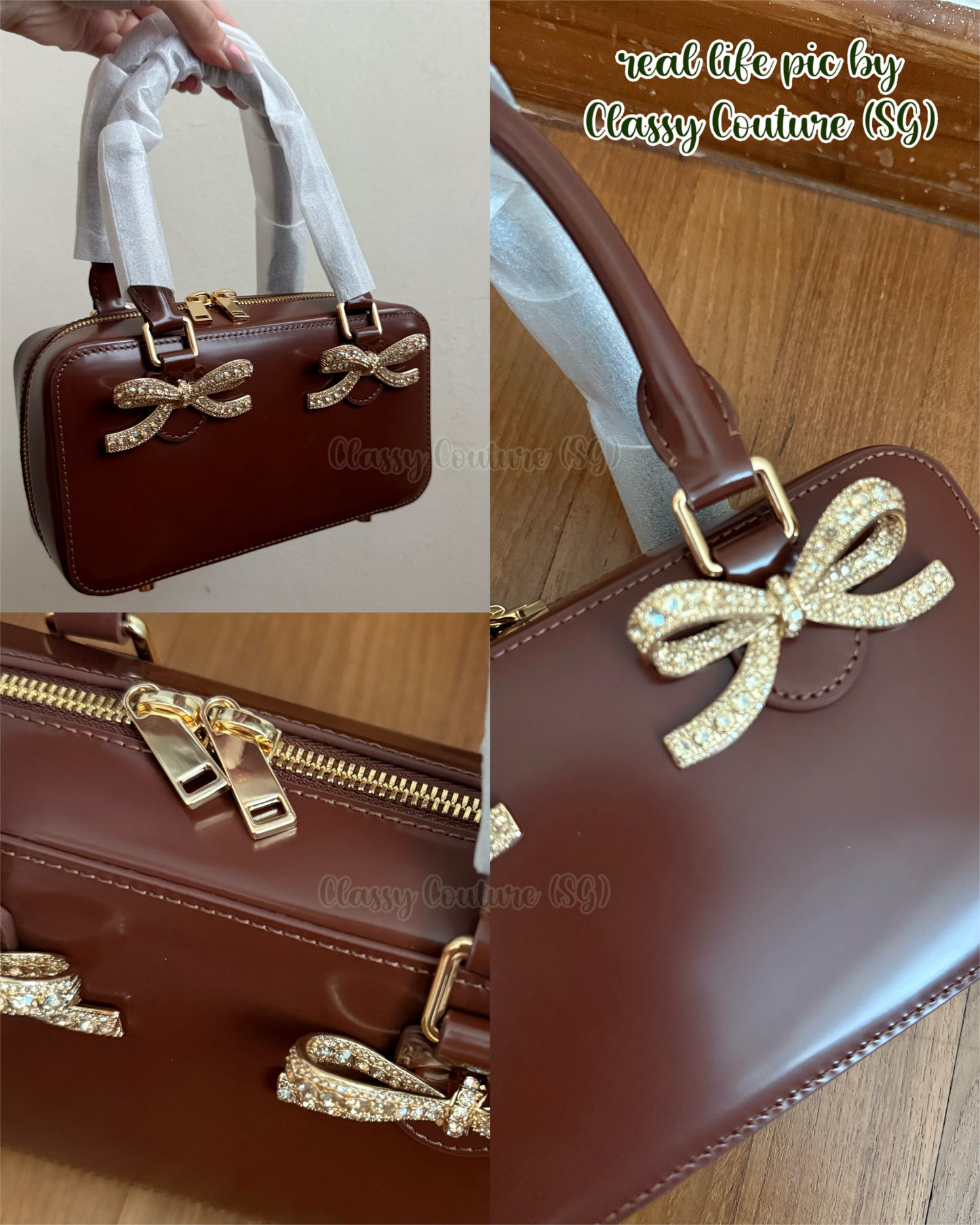 SP Brown Patent Leather Bow-embellished Mini Tote Bag Handbag