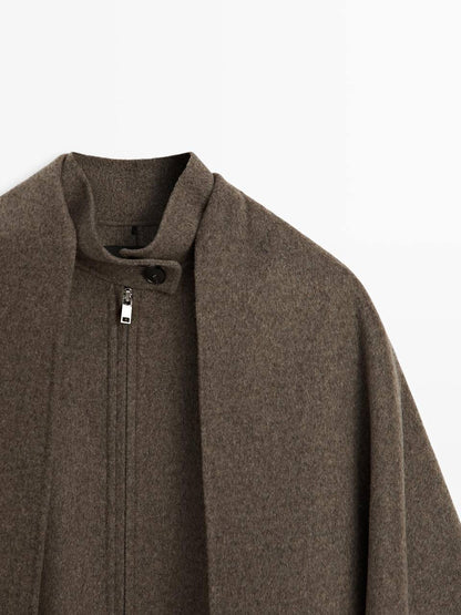 MD Wool-Blend Bomber Jacket With Detachable Scarf Cape