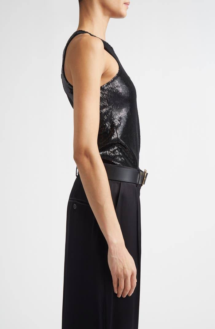 TOT Sequin Curved Sequin Tank | Long Sleeve Shirt | Low-waist Column Midi Skirt | Set