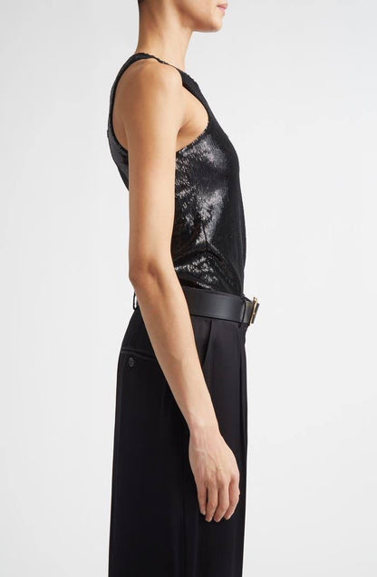 TOT Sequin Curved Sequin Tank | Long Sleeve Shirt | Low-waist Column Midi Skirt | Set
