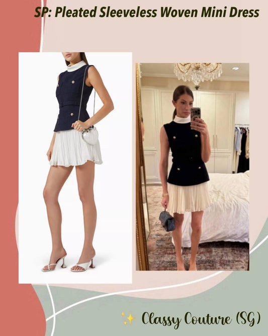 SP Navy Boucle & Chiffon Pleated Sleeveless Woven Mini Dress