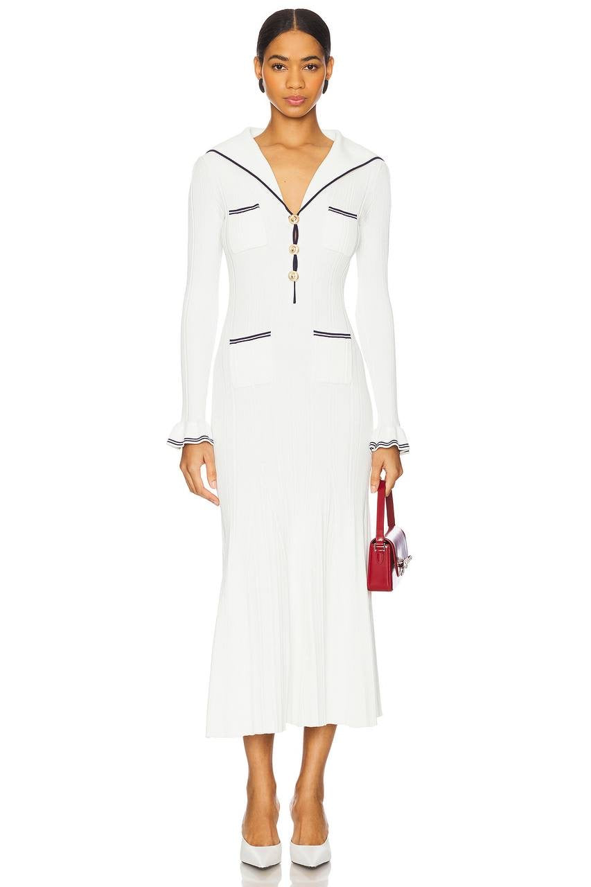 SP White Viscose Rib Knit Collar Long Sleeve Midi Dress