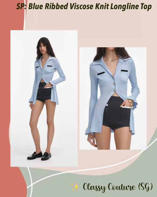 SP Blue Ribbed Viscose Knit Longline Top