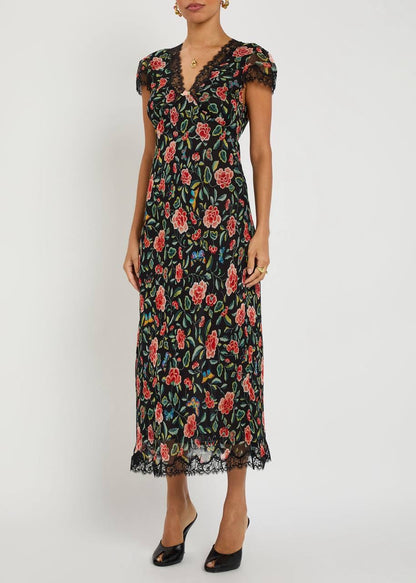 RX Clarice Lace-Trim Viscose Georgette Midi Dress in Black Multi Butterfly