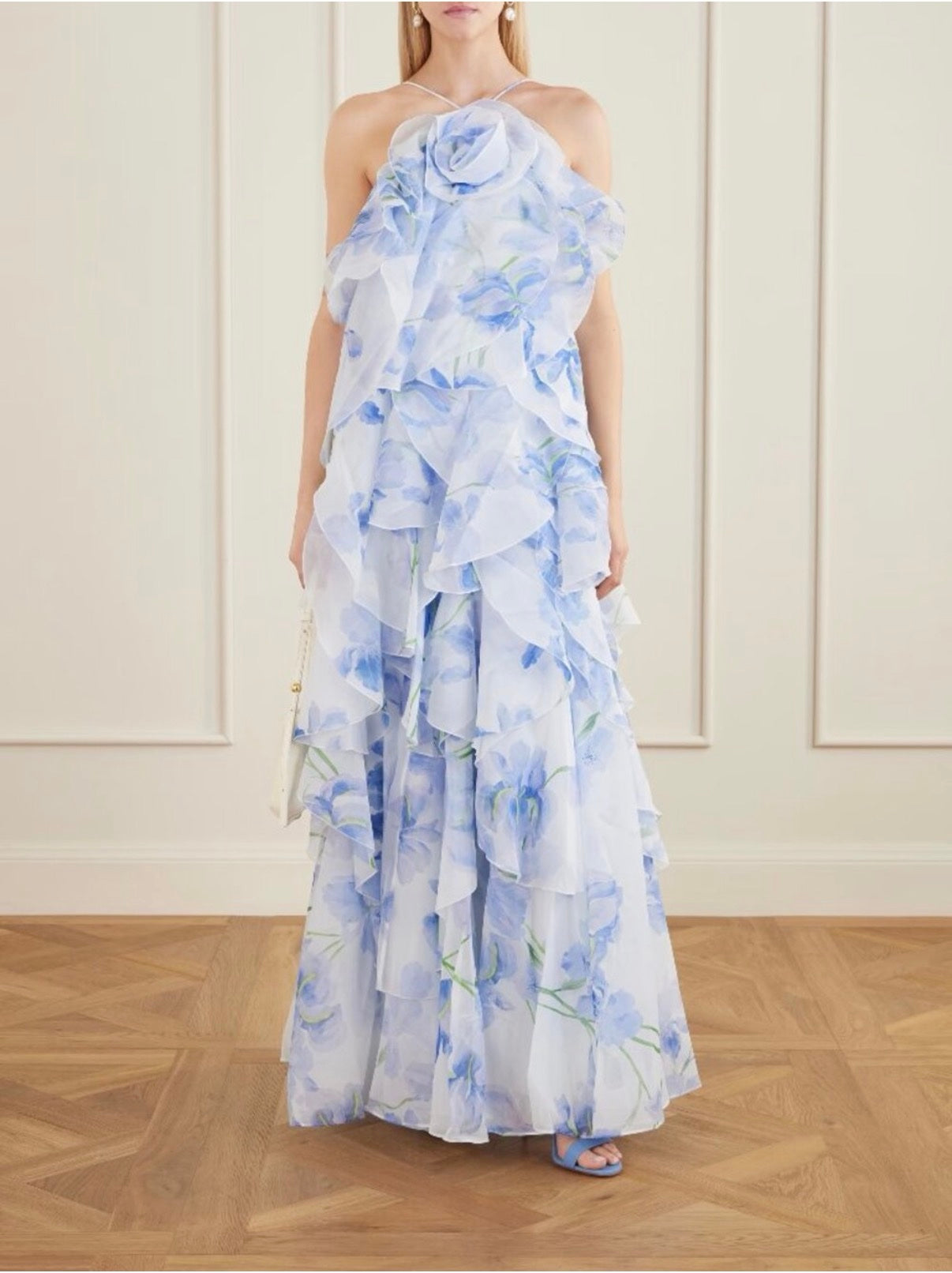 AJ Pandorea Halter Layered Maxi Dress in Iris Blue Floral & Butter Yellow