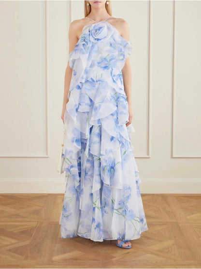 AJ Pandorea Halter Layered Maxi Dress in Iris Blue Floral & Butter Yellow