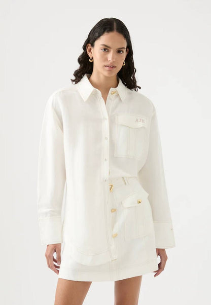 AJ Satori Pearl Pin Shirt | Long Sleeve Linen-blend Top