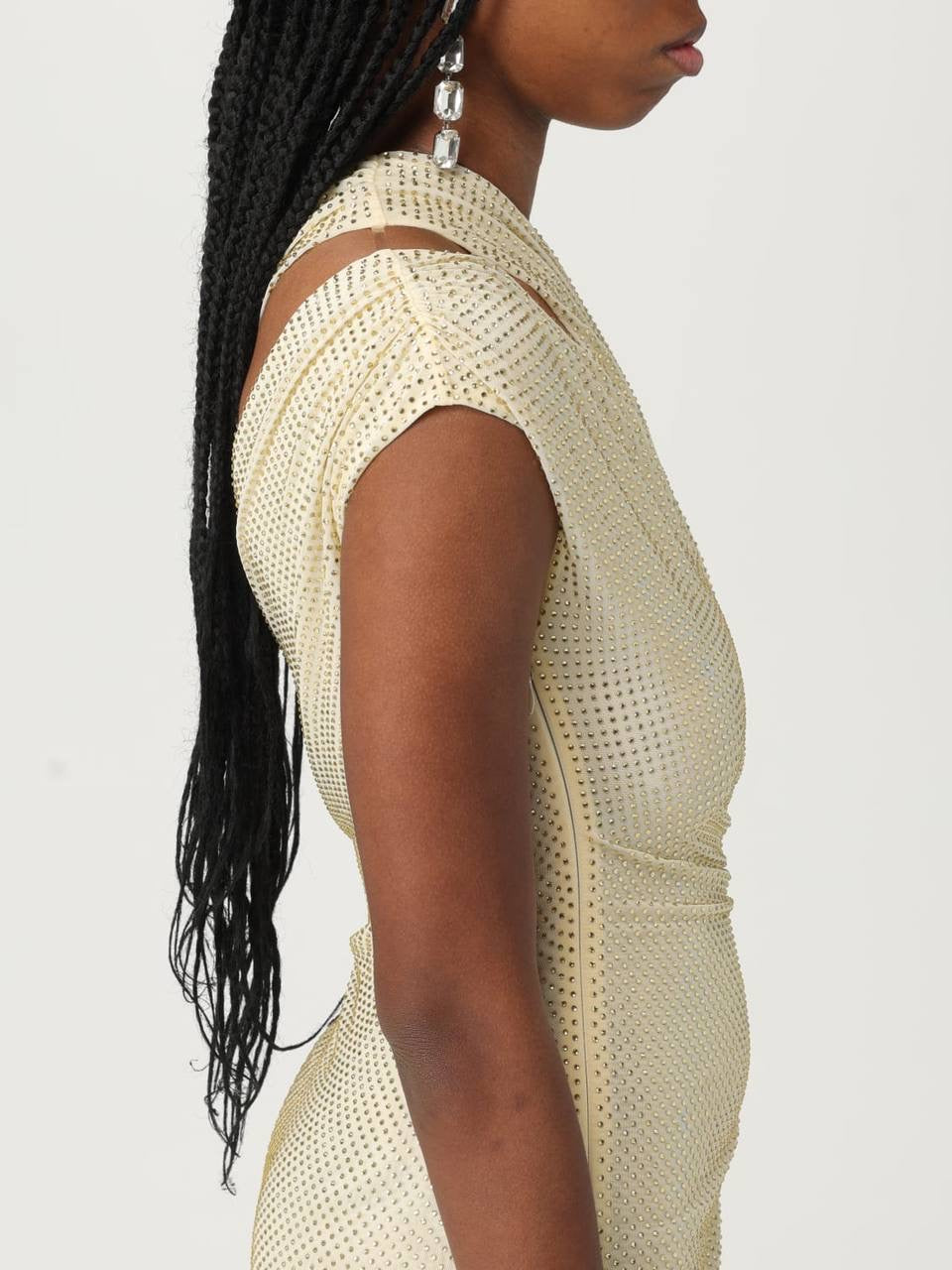 SP Yellow Asymmetric Rhinestone Gathered Midi Dress