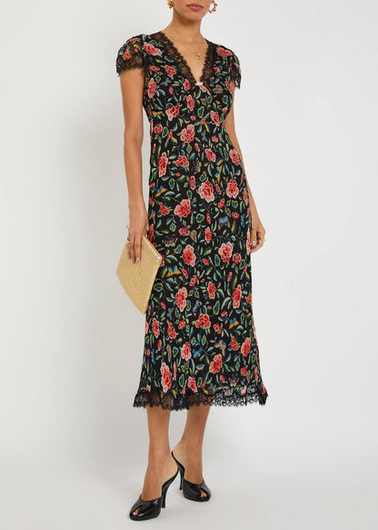 RX Clarice Lace-Trim Viscose Georgette Midi Dress in Black Multi Butterfly