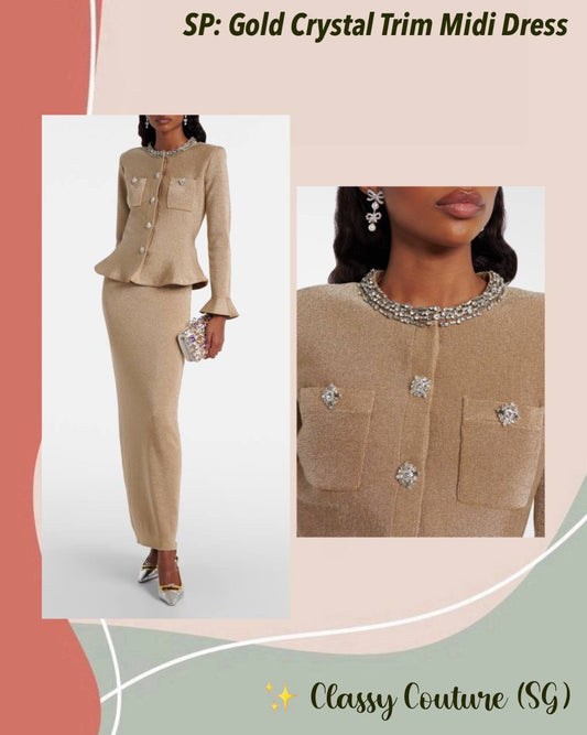 SP Gold Crystal Trim Peplim Midi Dress