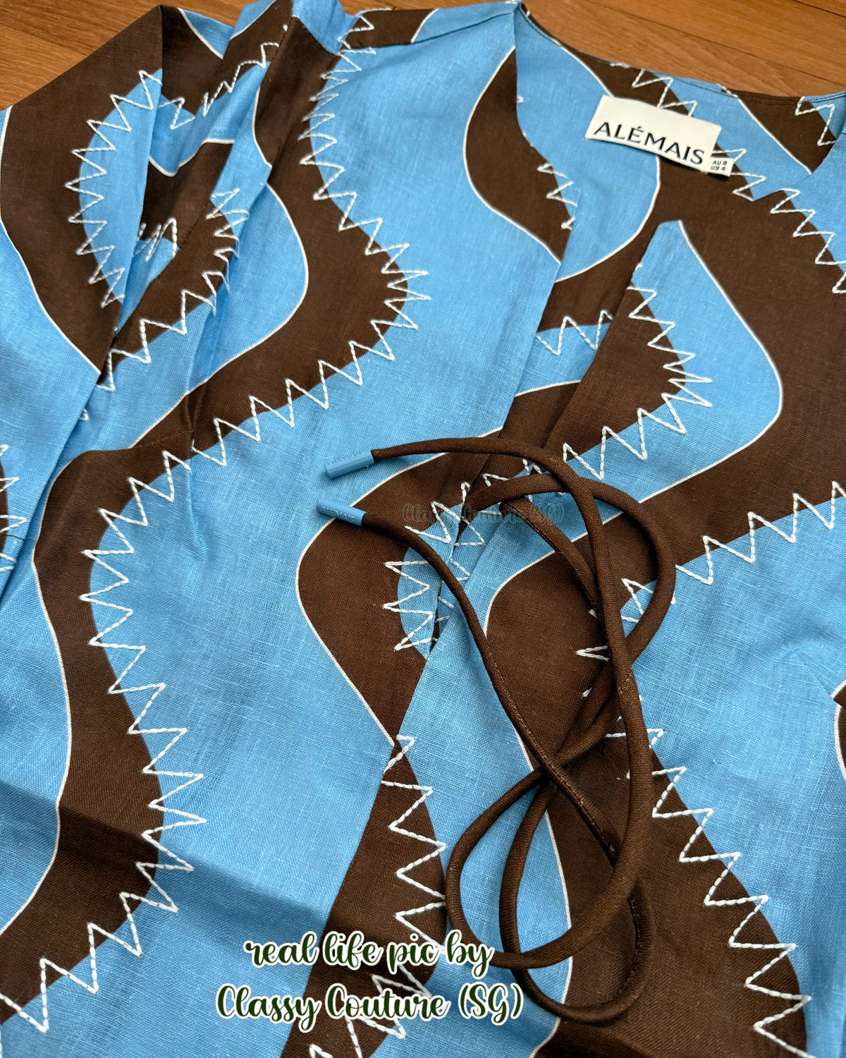 ALM024 Bold Brown/Blue Wave Stitch Tunic Shift Linen Mini Dress