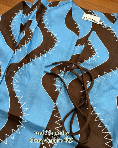 ALM024 Bold Brown/Blue Wave Stitch Tunic Shift Linen Mini Dress