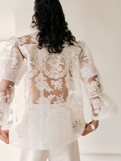 RS Demi Sheer Lace Tie-Neck Blouse Top