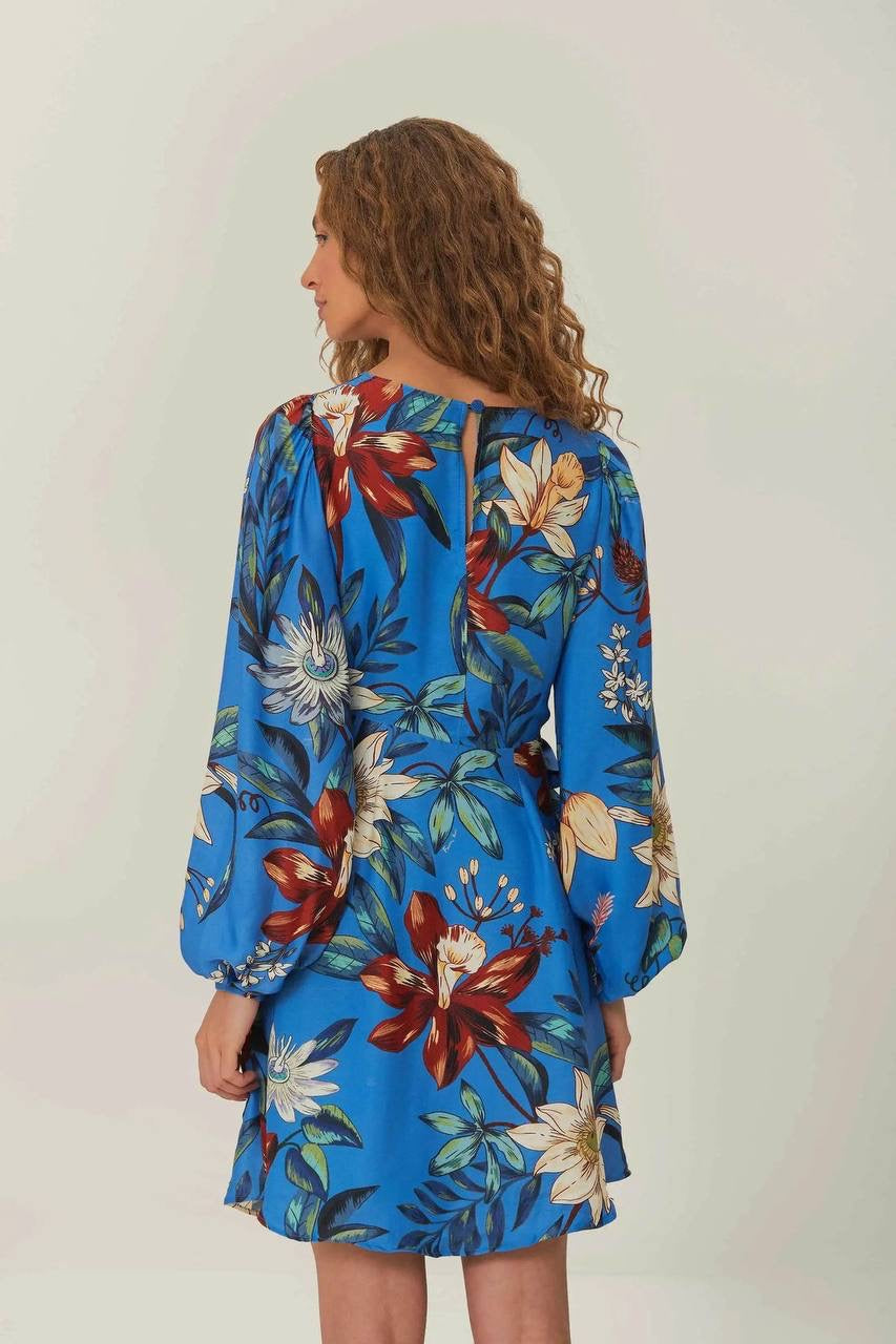 FR Blue Surreal Flowers Viscose Wrap Mini Dress