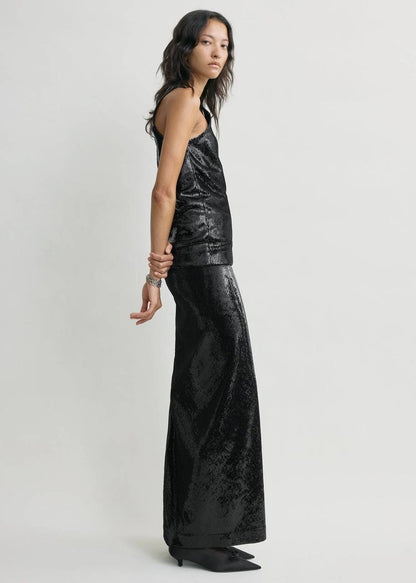 TOT Sequin Curved Sequin Tank | Long Sleeve Shirt | Low-waist Column Midi Skirt | Set