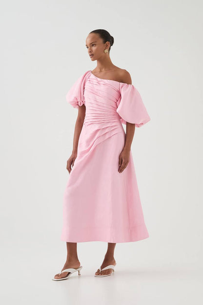 AJ Cadence Viscose-Linen Ruched Midi Dress