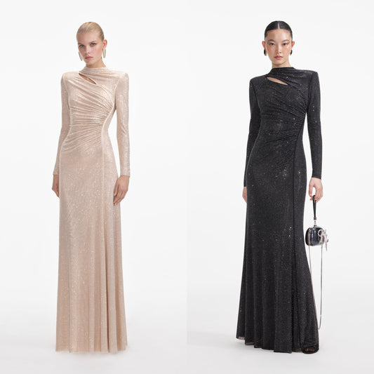 SP Black and Gold Rhinestone Mesh Cut Out Maxi Dress
