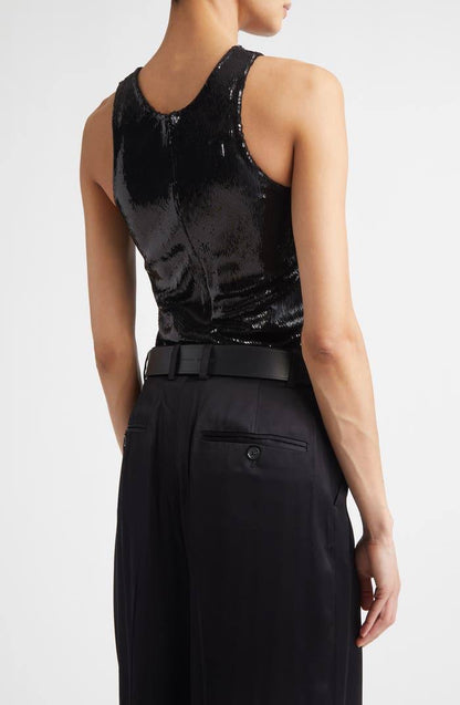 TOT Sequin Curved Sequin Tank | Long Sleeve Shirt | Low-waist Column Midi Skirt | Set