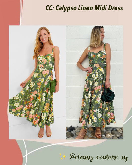 CC Calypso Linen Midi Dress Olive Kingston Floral