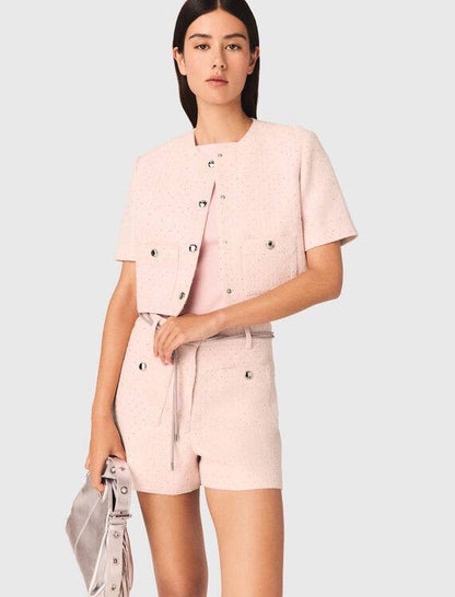 MJ Pink Tweed Cropped Short Sleeve Jacket Top | Shorts | Trouser Pant | Set