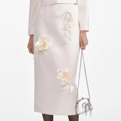 SP Cream 3D Flower Satin Jacket | Midi Skirt