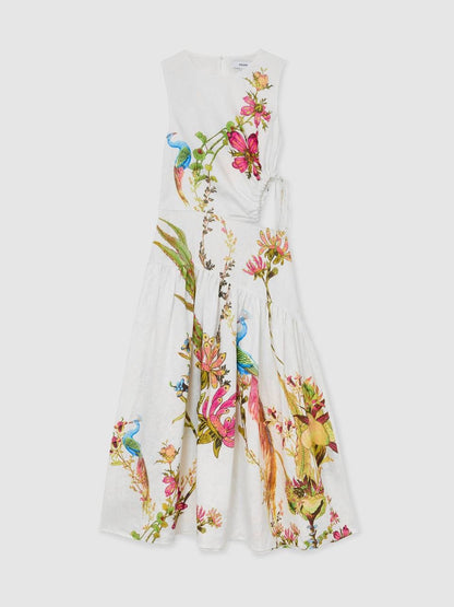 Petite/Regular! RS Bianca Linen Floral-Print Cut-Out Midi Dress