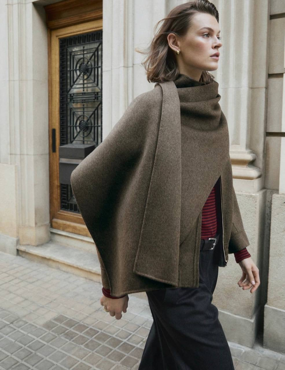 MD Wool-Blend Bomber Jacket With Detachable Scarf Cape