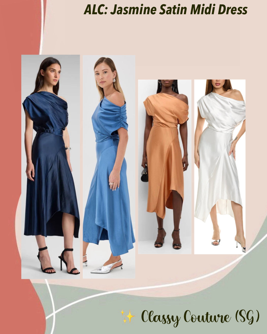 ALC Jasmine Ruched One Shoulder Satin Midi Dress