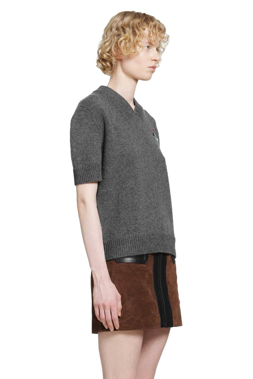 MM Grey Flower-Embroidered Short-Sleeve Wool-cashmere Jumper Top