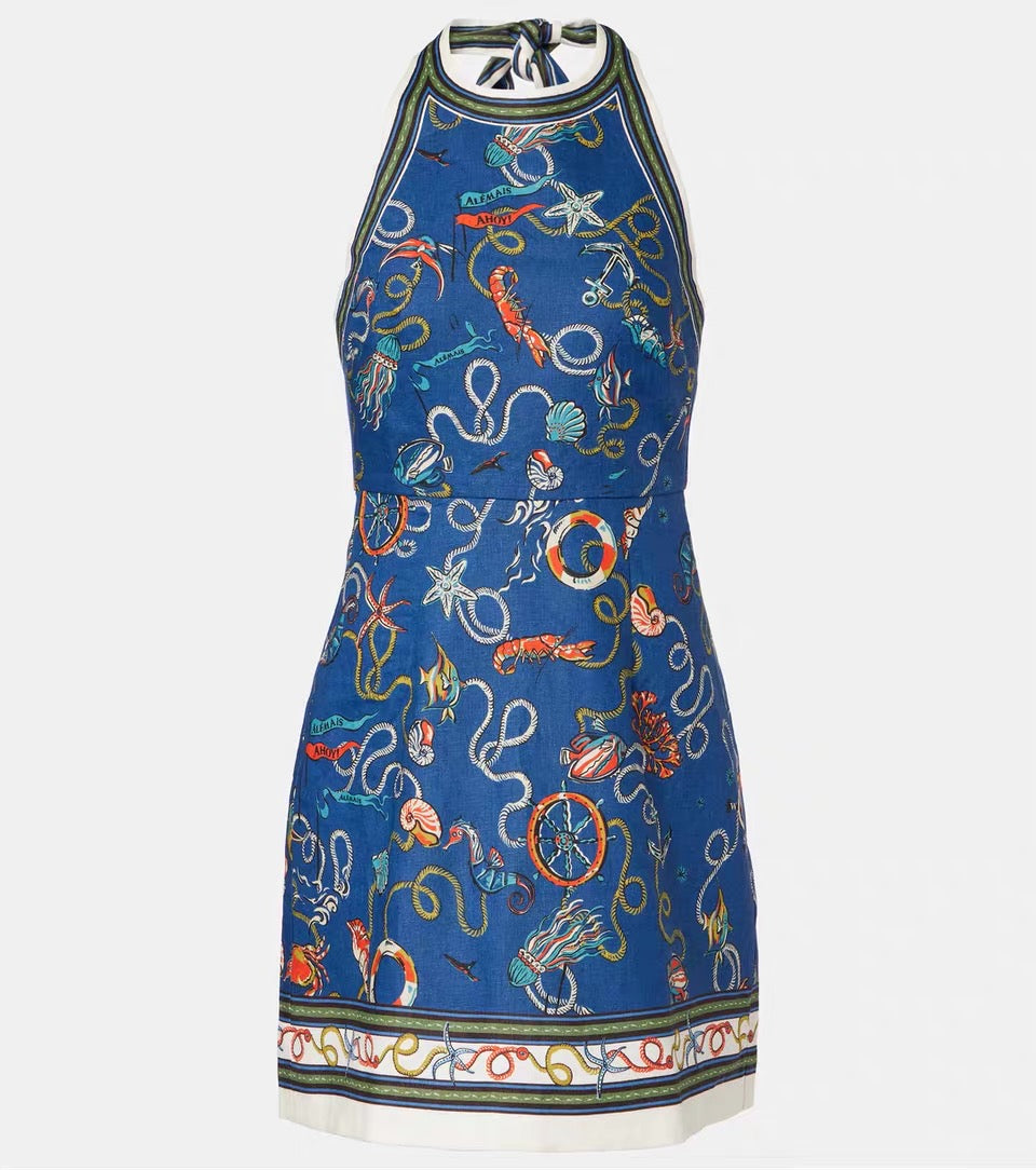 ALM Cove Printed Halterneck Linen Mini Dress
