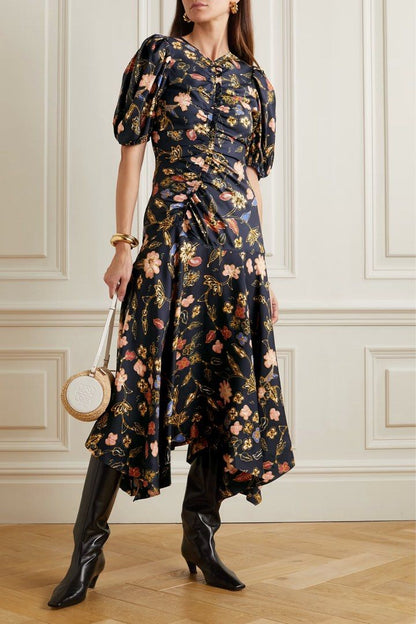 UJ Heleen Puff Sleeve Silk Midi Dress in Odessa floral