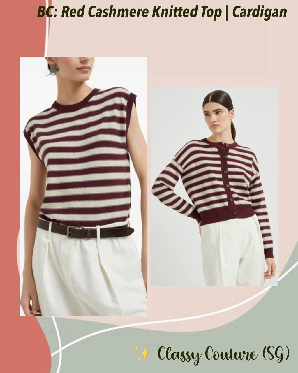 BC Red Cashmere Knitted Sleeveless Vest Top | Cardigan with Sparkling Stripes | Set