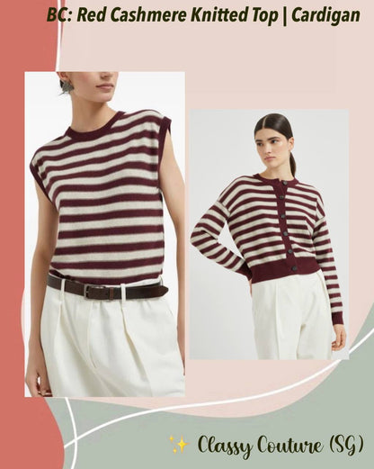 BC Red Cashmere Knitted Sleeveless Vest Top | Cardigan with Sparkling Stripes | Set