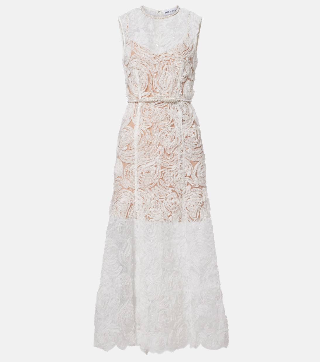 SP White Tulle Lace Belted Midi Dress