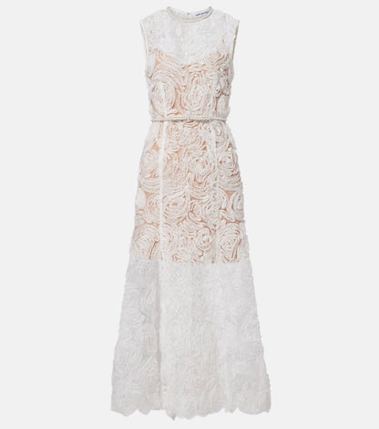 SP White Tulle Lace Belted Midi Dress