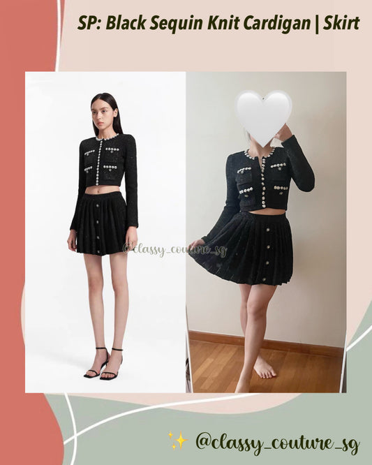 SP Black Sequin Knit Cardigan | Pleated Knit Skirt | cropped mini Set