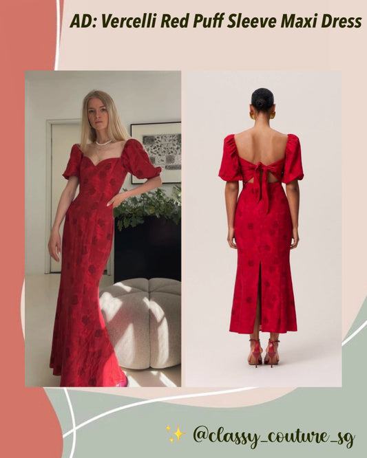 AD Vercelli Viscose-Linen Midi Maxi Dress | Red Puff Sleeve Backless