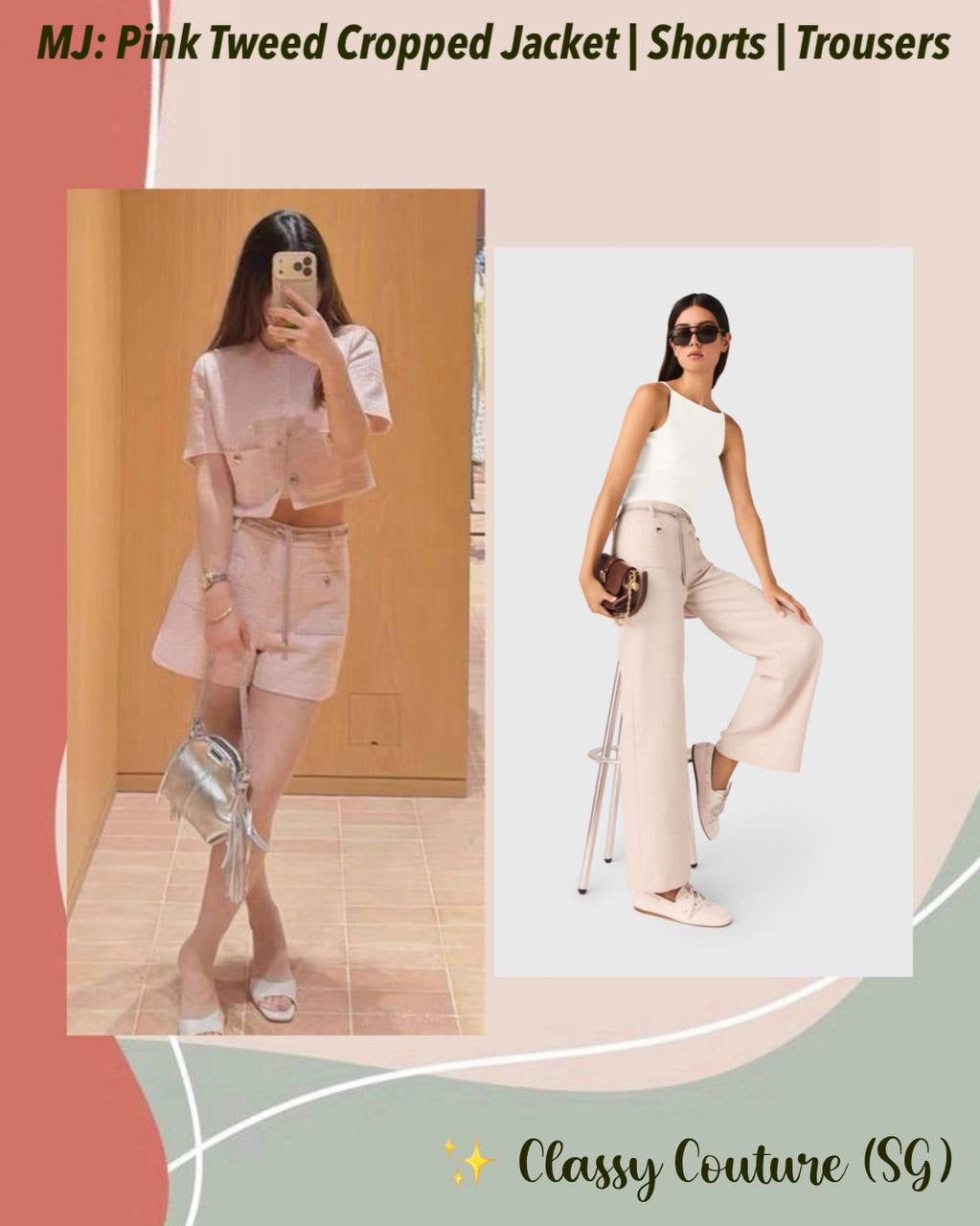 MJ Pink Tweed Cropped Short Sleeve Jacket Top | Shorts | Trouser Pant | Set