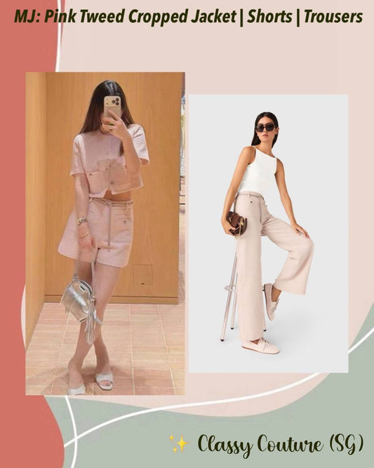 MJ Pink Tweed Cropped Short Sleeve Jacket Top | Shorts | Trouser Pant | Set