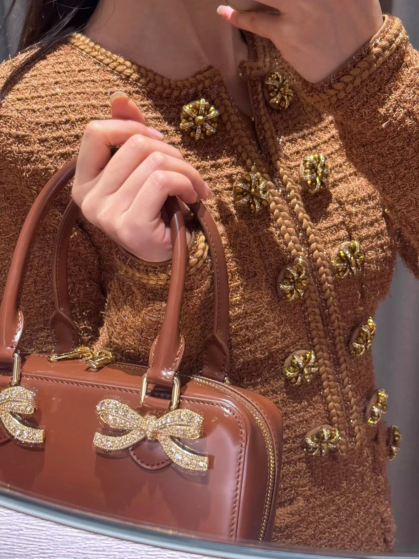 SP Brown Patent Leather Bow-embellished Mini Tote Bag Handbag