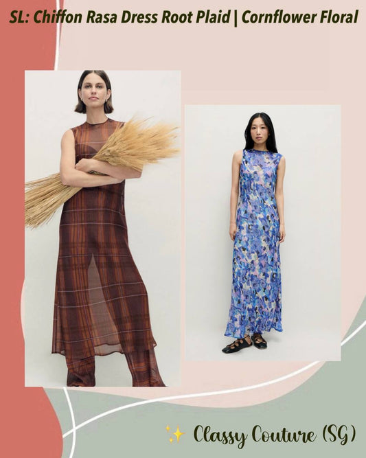SL Sheer Chiffon Rasa Midi Dress in Root Plaid | Cornflower Floral