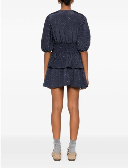 MJ Ruffle And Rhinestone Mini Dress in Navy Blue