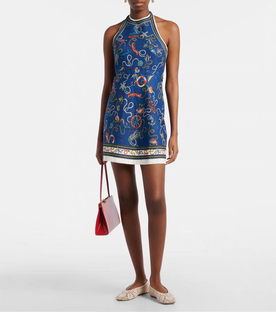 ALM Cove Printed Halterneck Linen Mini Dress